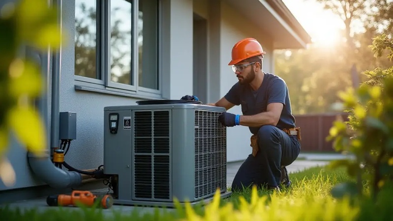 HVAC technician repairing heat pump